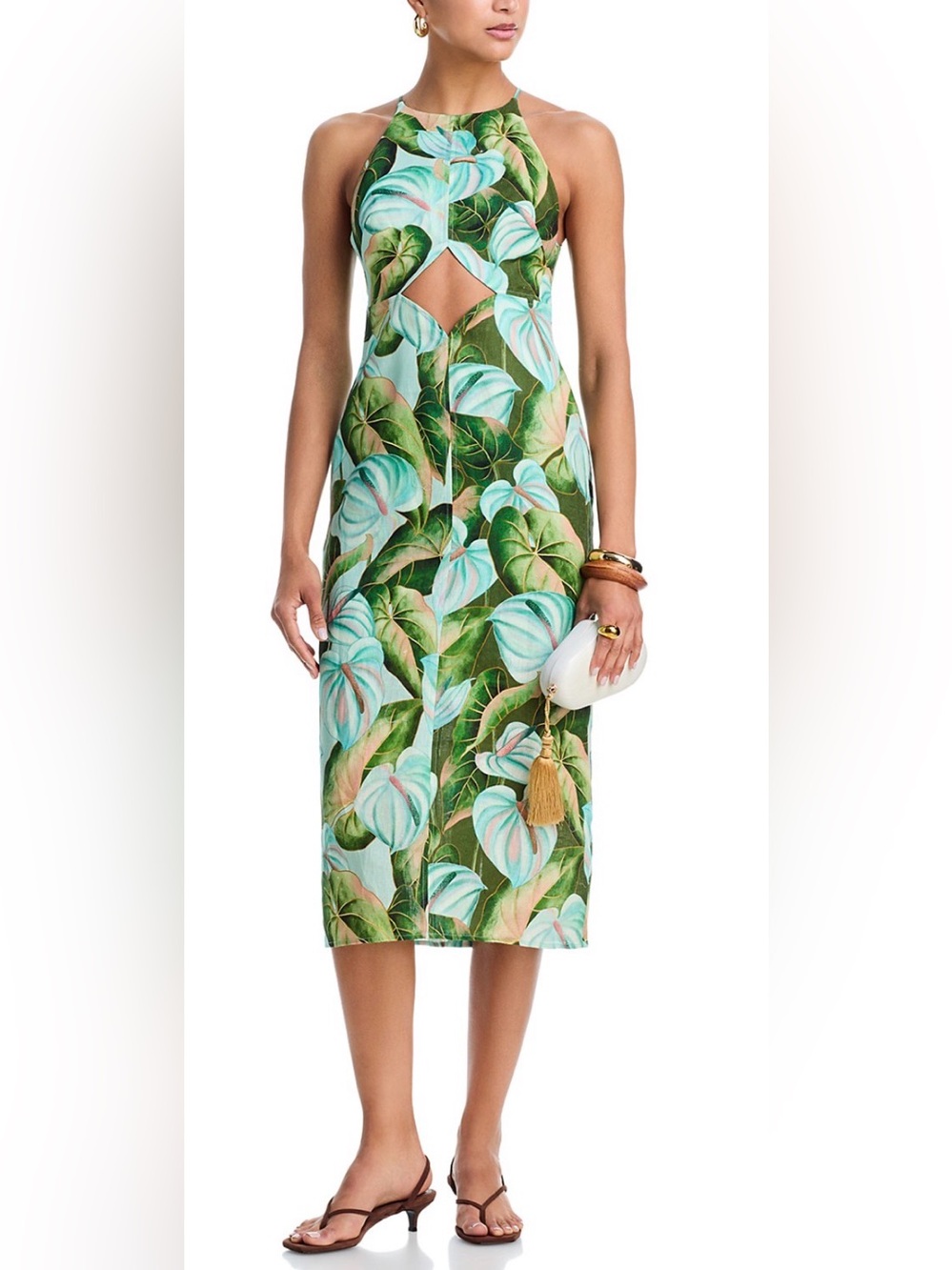 FARM RIO Anthurium Leaves Linen Midi Dress